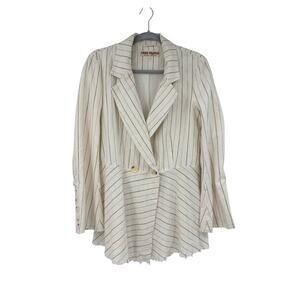 Free People Stella Double Breasted Fray Hem Stripe Linen Blazer Size S Off White